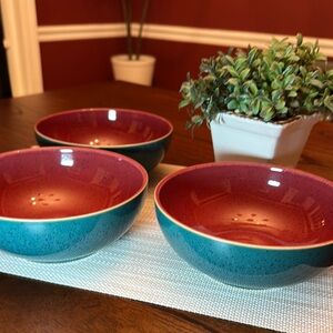 Denby Harlequin Red and Blue Pottery Cereal Bowls